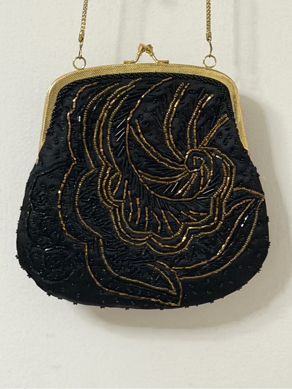 La Regale Dead stock Black Beaded Evening Clutch with Gold Accents new